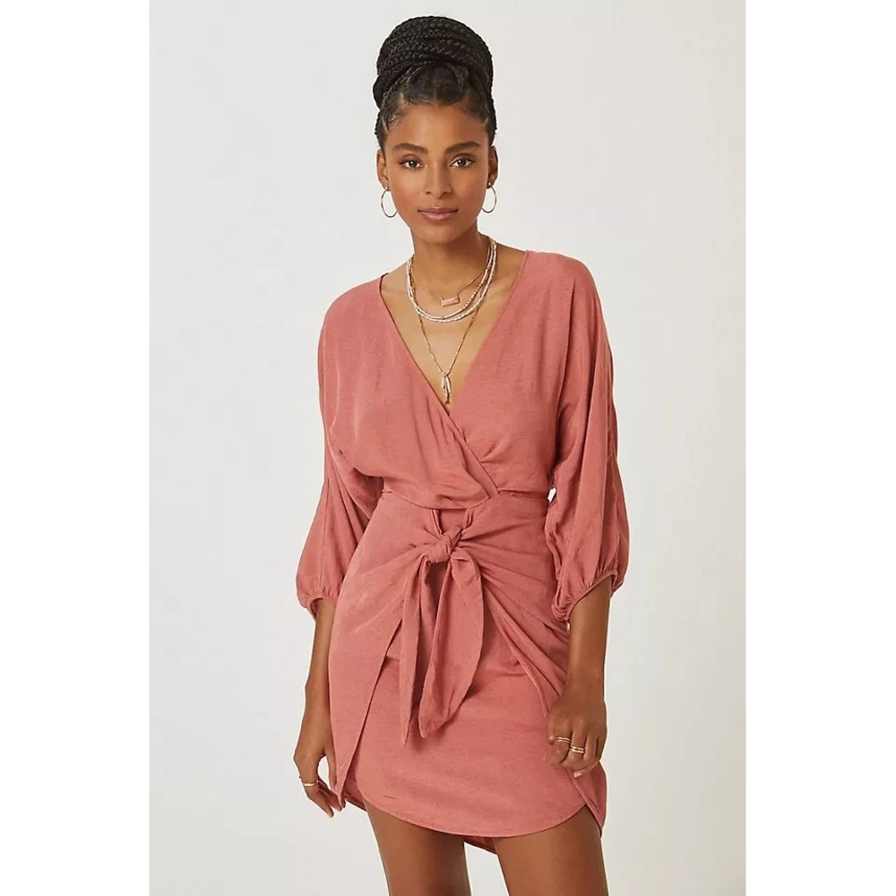 Anthropologie Tie-Front Wrap Mini Dress Size 8 Rust Viscose Linen 3/4 Sleeves - Picture 3 of 16